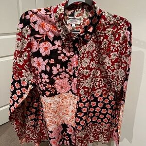 Johnny Was Floral Collared Shirt in Red and Black